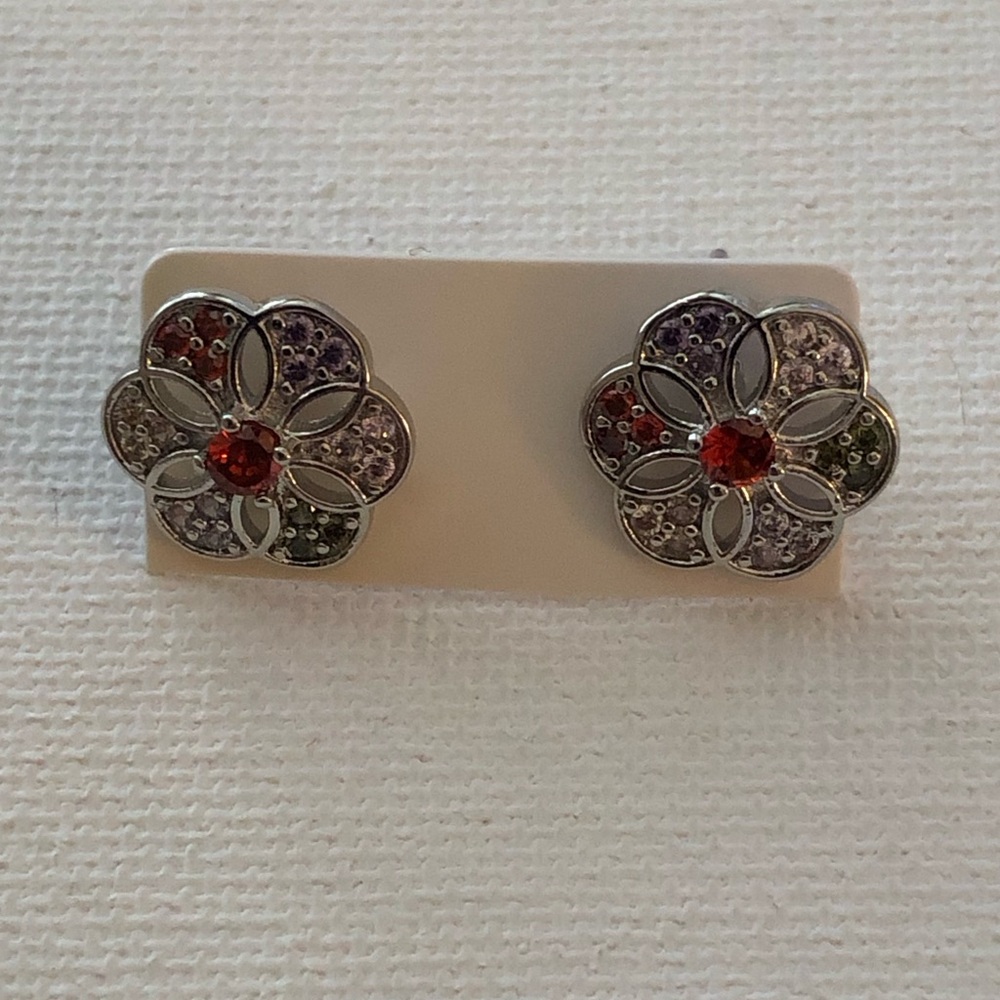 Silver Multicolor Flower Stud Earrings